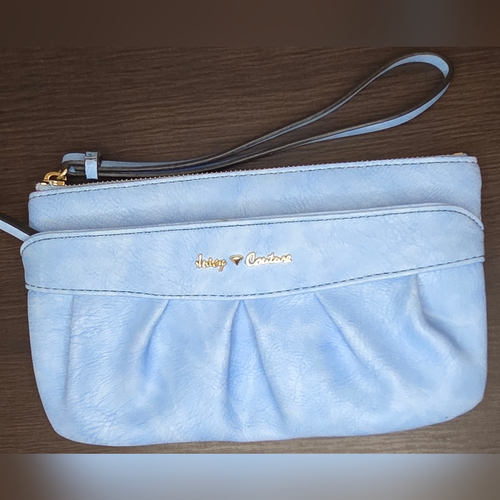 Juicy Couture Blue Wristlet Clutch Gold Logo Pink Lining Y2K NWOT